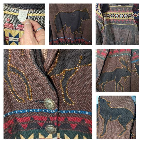 Vintage Painted Pony Moose Bear Coyote Print Cropped Tapestry Jacket Beaded - Picture 11 of 11